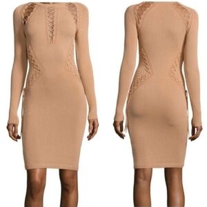 Ronny Kobo Cut Out Nude Tan Ribbed Bodycon Tie Stretch Dress Small